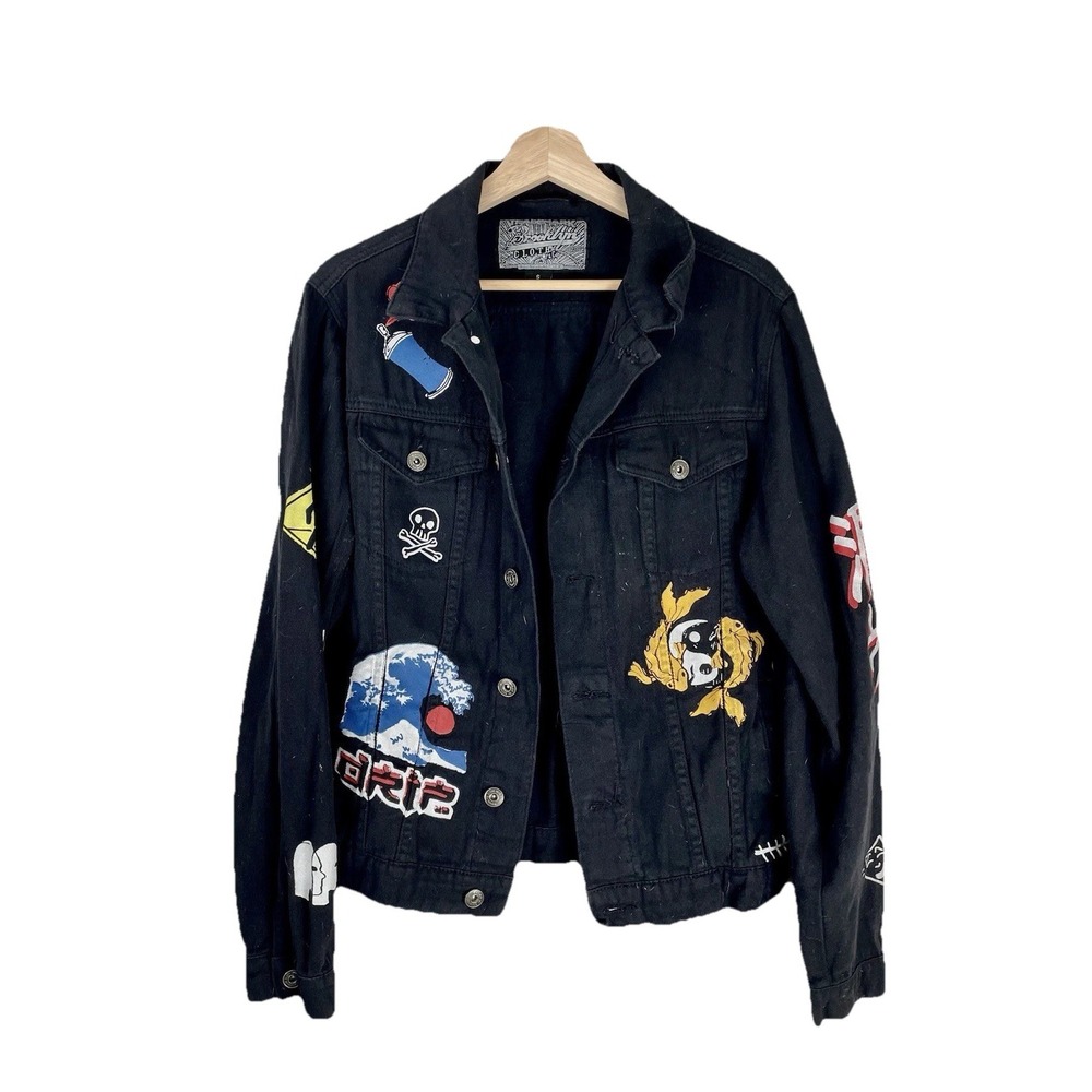 Brooklyn‎ Black Denim Jacket  Small Japanese Tokyo Koi Fish Ying Yang Rocker